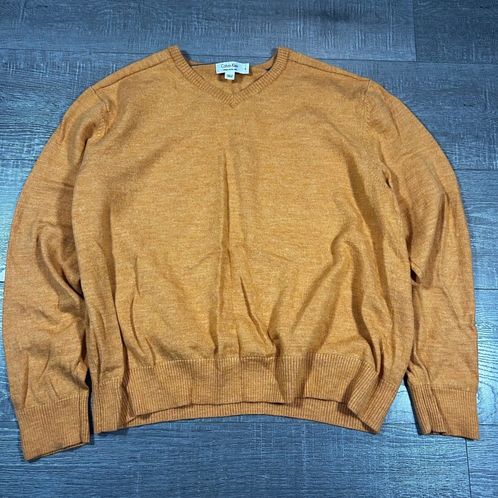 Calvin Klein Mens XL Mustard Yellow Italian Merino Wool V-Neck Sweater 0159